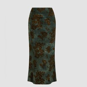 Cider Green & Brown Velvet Moody Floral Ruched Whimsygoth Maxi Skirt - size XS